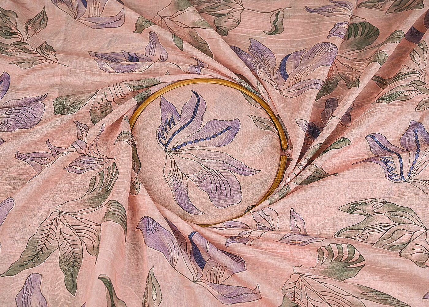 Peach-Pink-Chanderi-Fabric-With-All-Over-Floral-Print-And-Thread-Work-23018-close-view