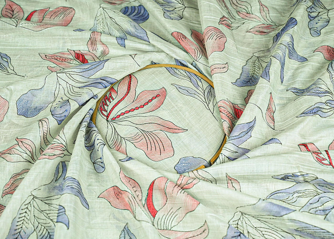 Sea-Green-Chanderi-Fabric-With-All-Over-Floral-Print-And-Thread-Work-23021-close-view