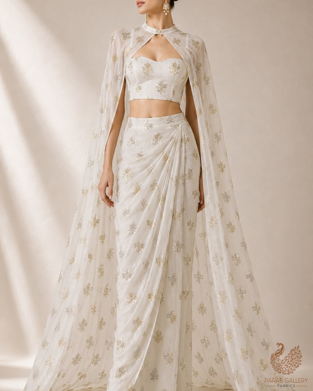 The Noor - White Dyeable Georgette Fabric With All Over Golden Foil Work | 23030