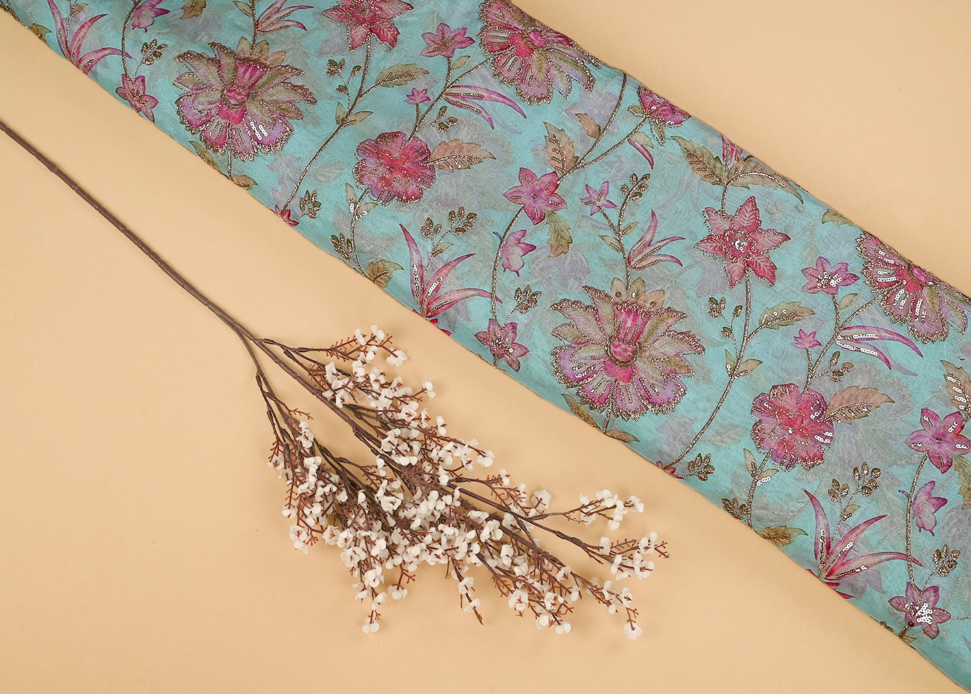 Sky Blue Organza Fabric With All Over Floral Print, Zari And Sequins Work 23054