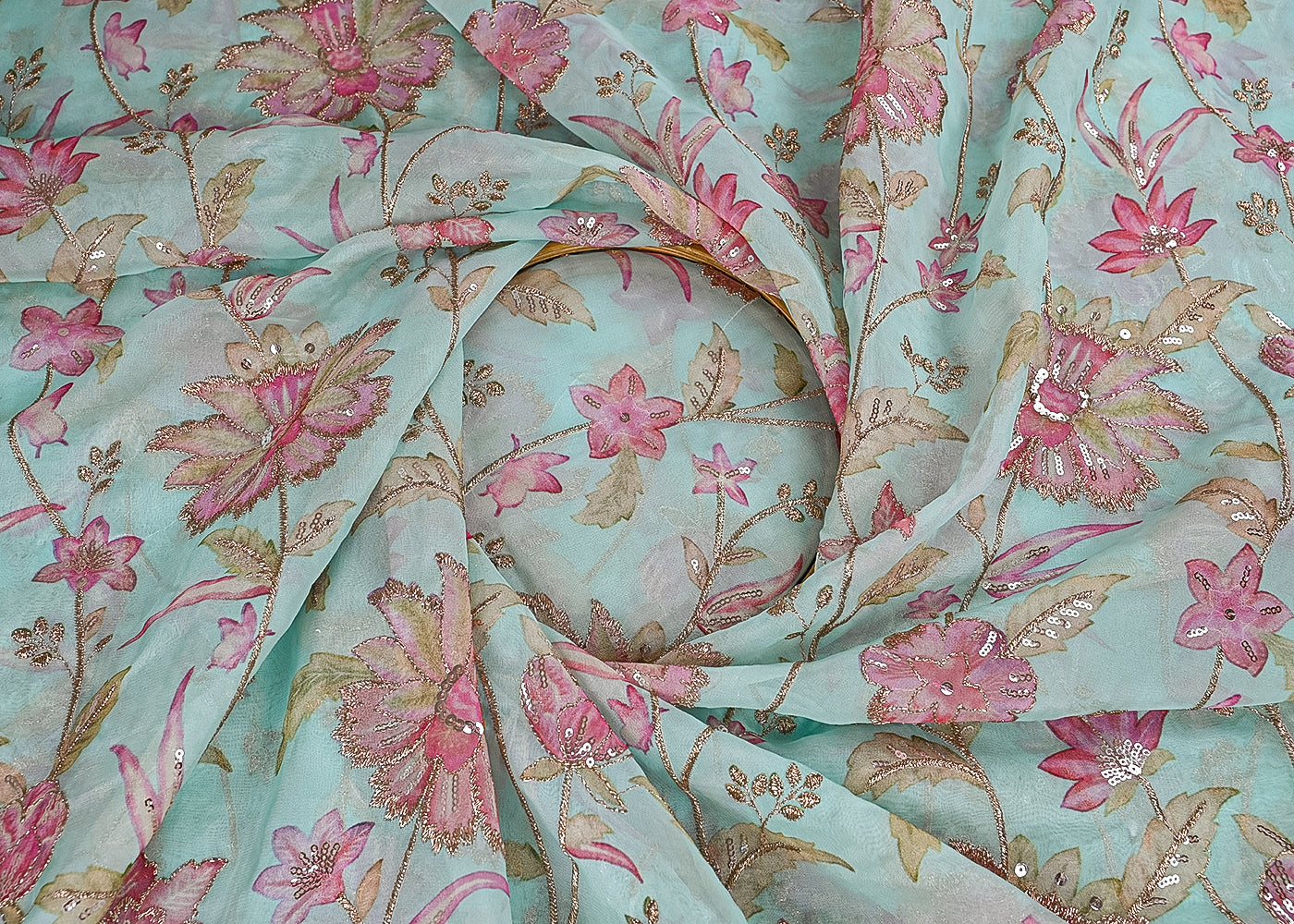 Sky Blue Organza Fabric With All Over Floral Print, Zari And Sequins Work 23054