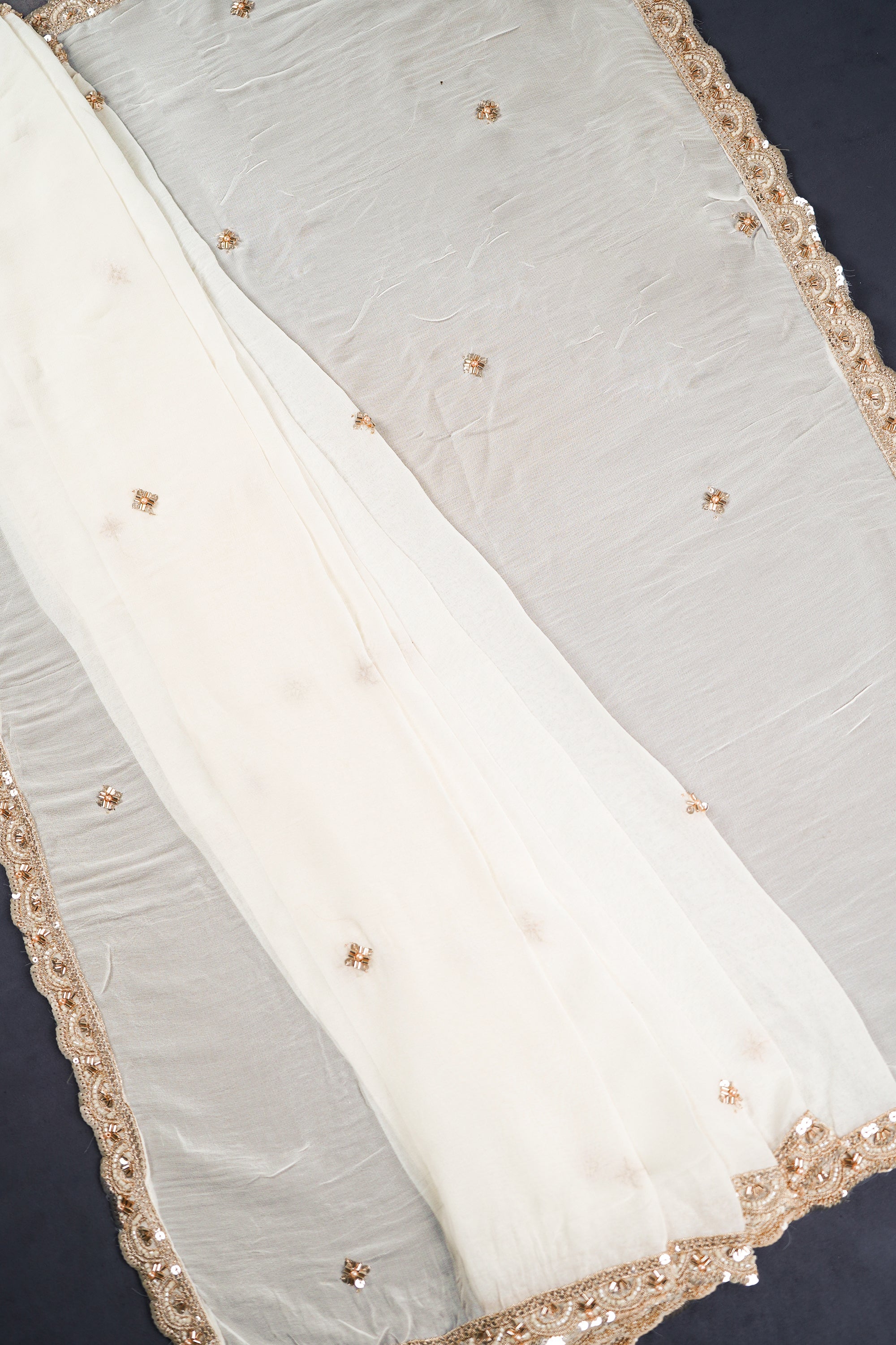 White Dyeable Georgette Dupatta With All Over Zari, Bead And Sequins Work 23111