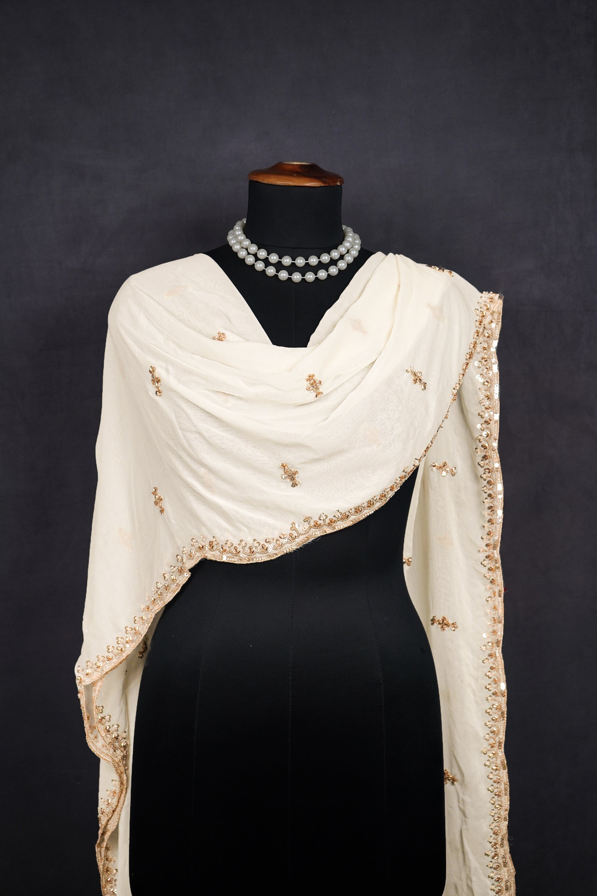 White Dyeable Georgette Dupatta With All Over Zari, Bead And Sequins Work 23112