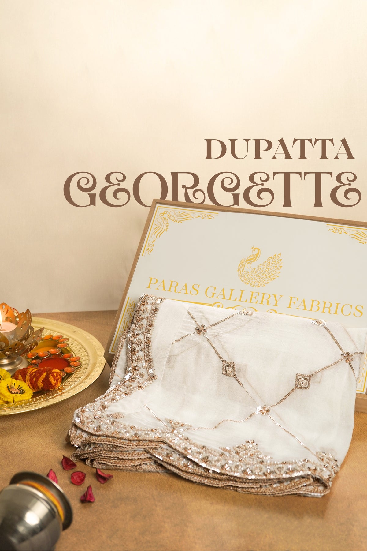 White Dyeable Georgette Dupatta With All Over Zari, Bead And Sequins Work 23114
