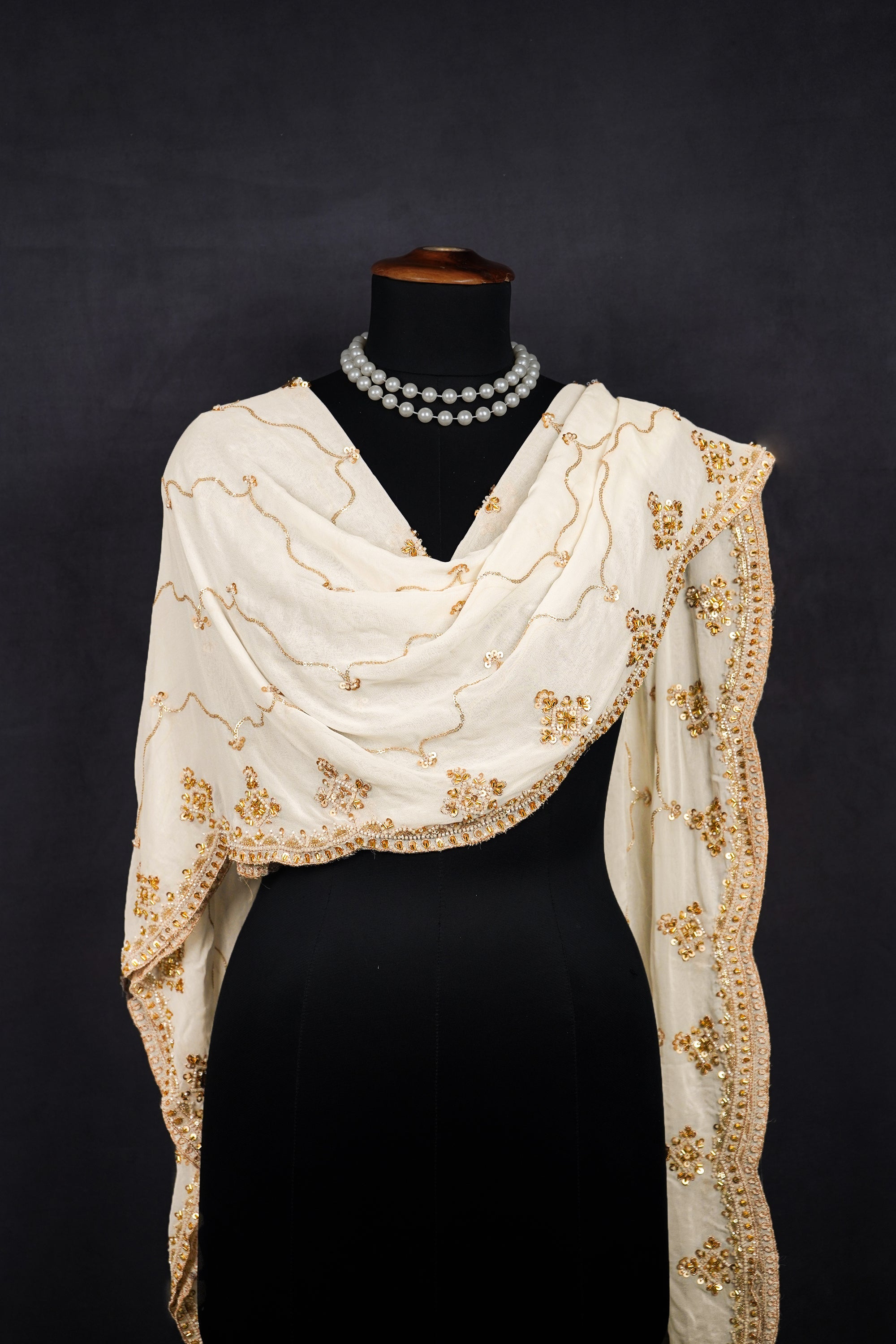 White Dyeable Georgette Dupatta With All Over Zari, Bead And Sequins Work 23115