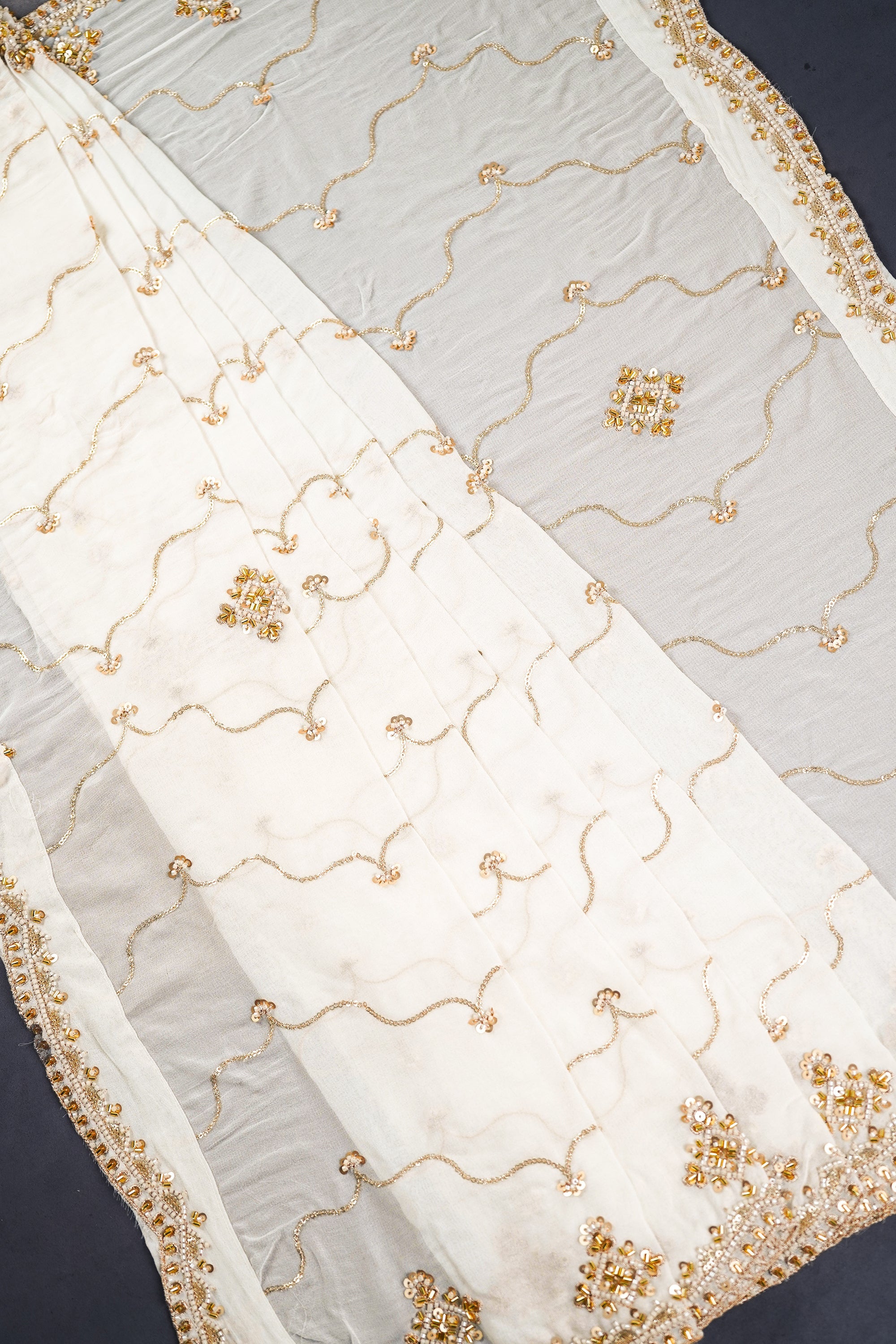 White Dyeable Georgette Dupatta With All Over Zari, Bead And Sequins Work 23115