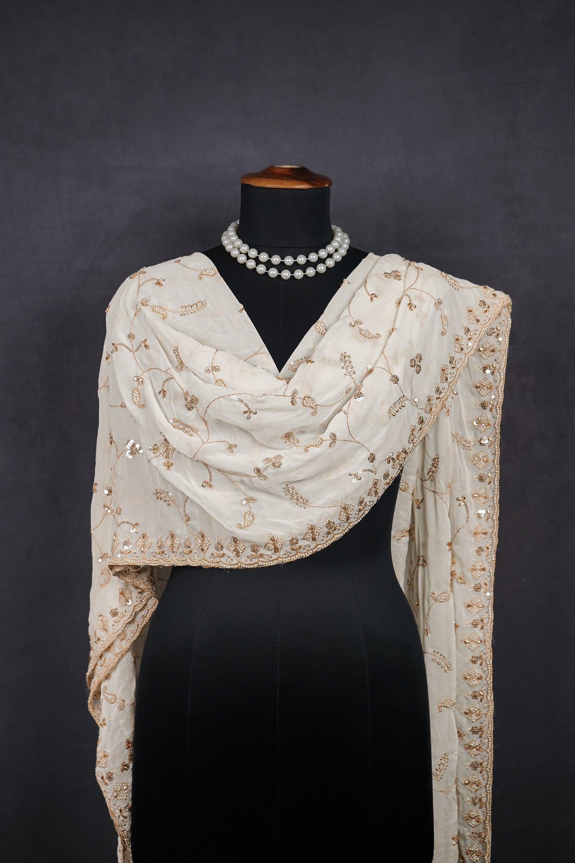 White Dyeable Georgette Dupatta With All Over Zari, Bead And Sequins Work 23116