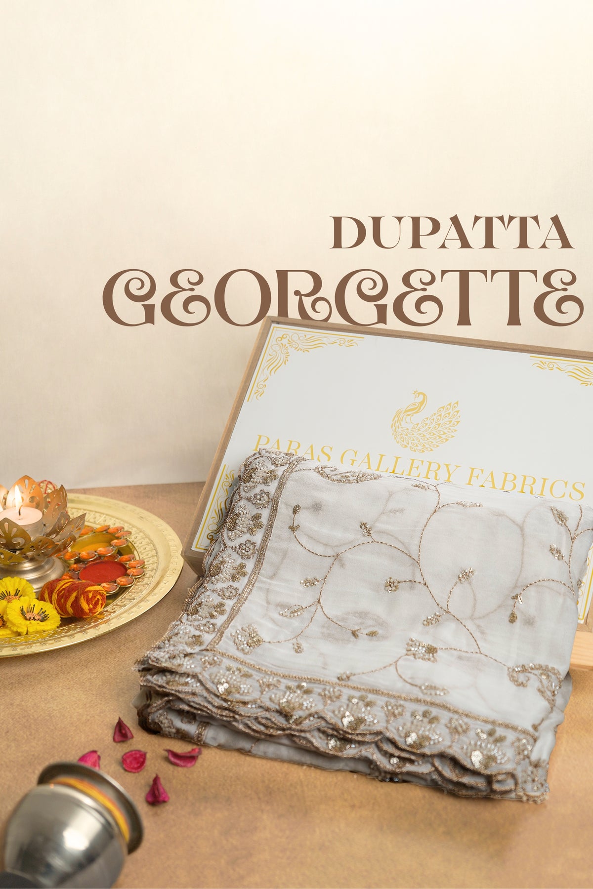 White Dyeable Georgette Dupatta With All Over Zari, Bead And Sequins Work 23117