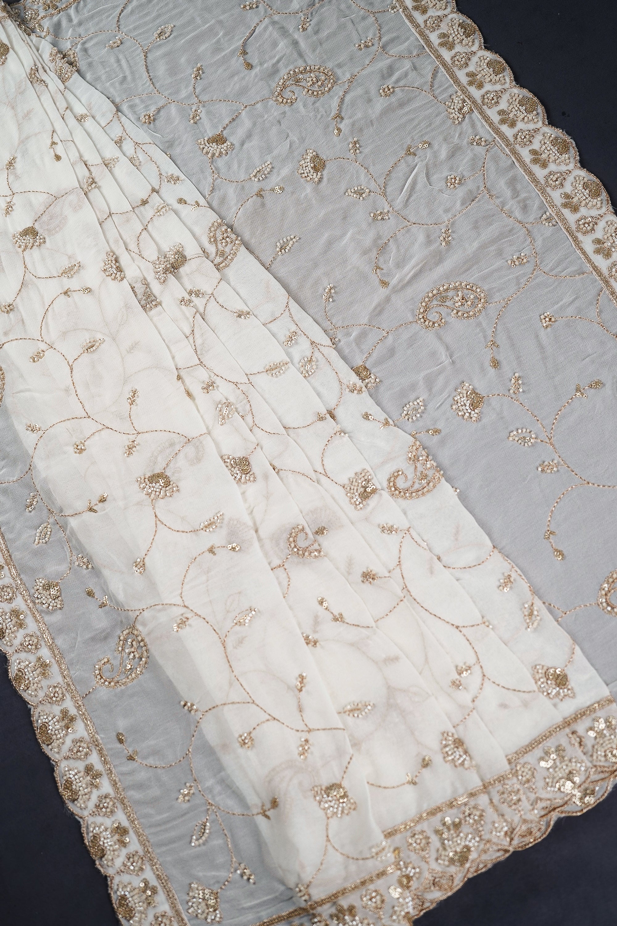 White Dyeable Georgette Dupatta With All Over Zari, Bead And Sequins Work 23117