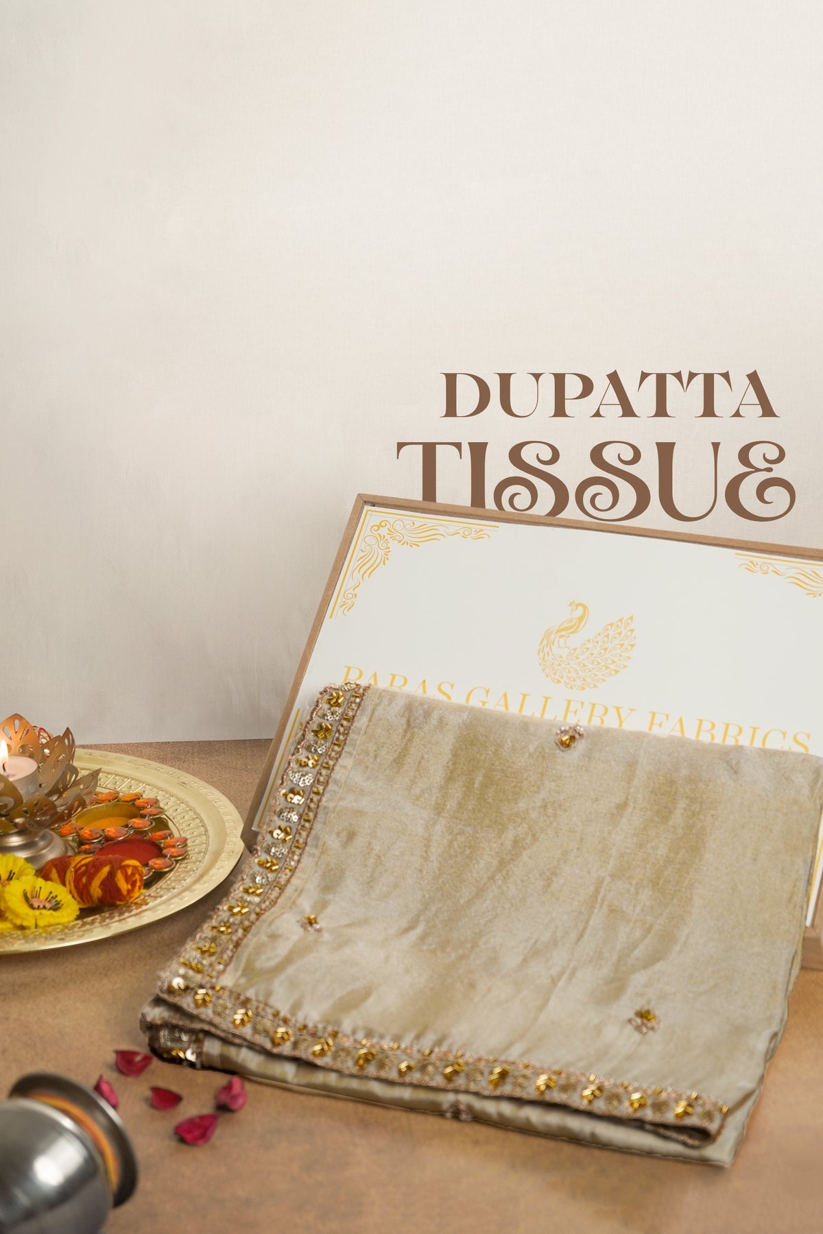 Light Gold Dyeable Tissue Dupatta With All Over Zari, Katdana And Sequins Work 23119