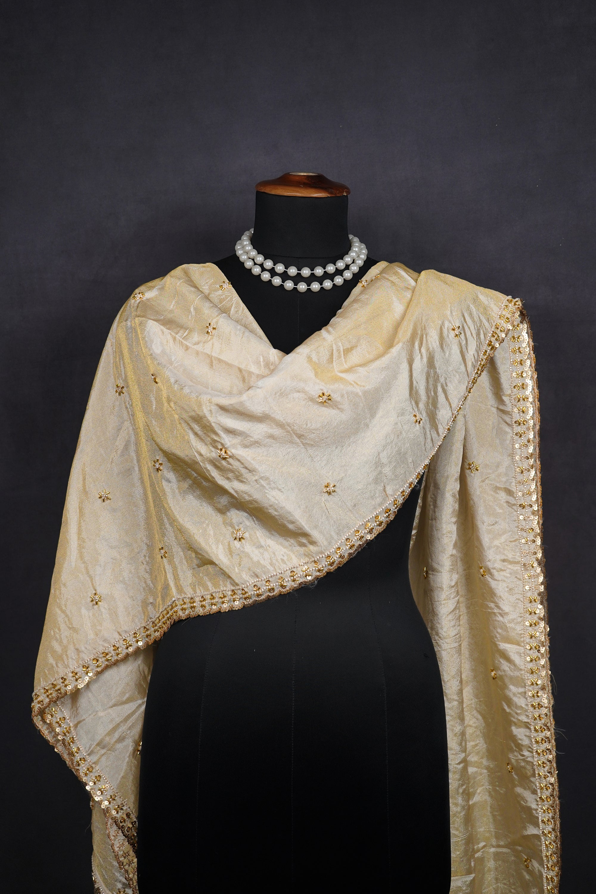 Light Gold Dyeable Tissue Dupatta With All Over Katdana, Bead And Sequins Work 23121