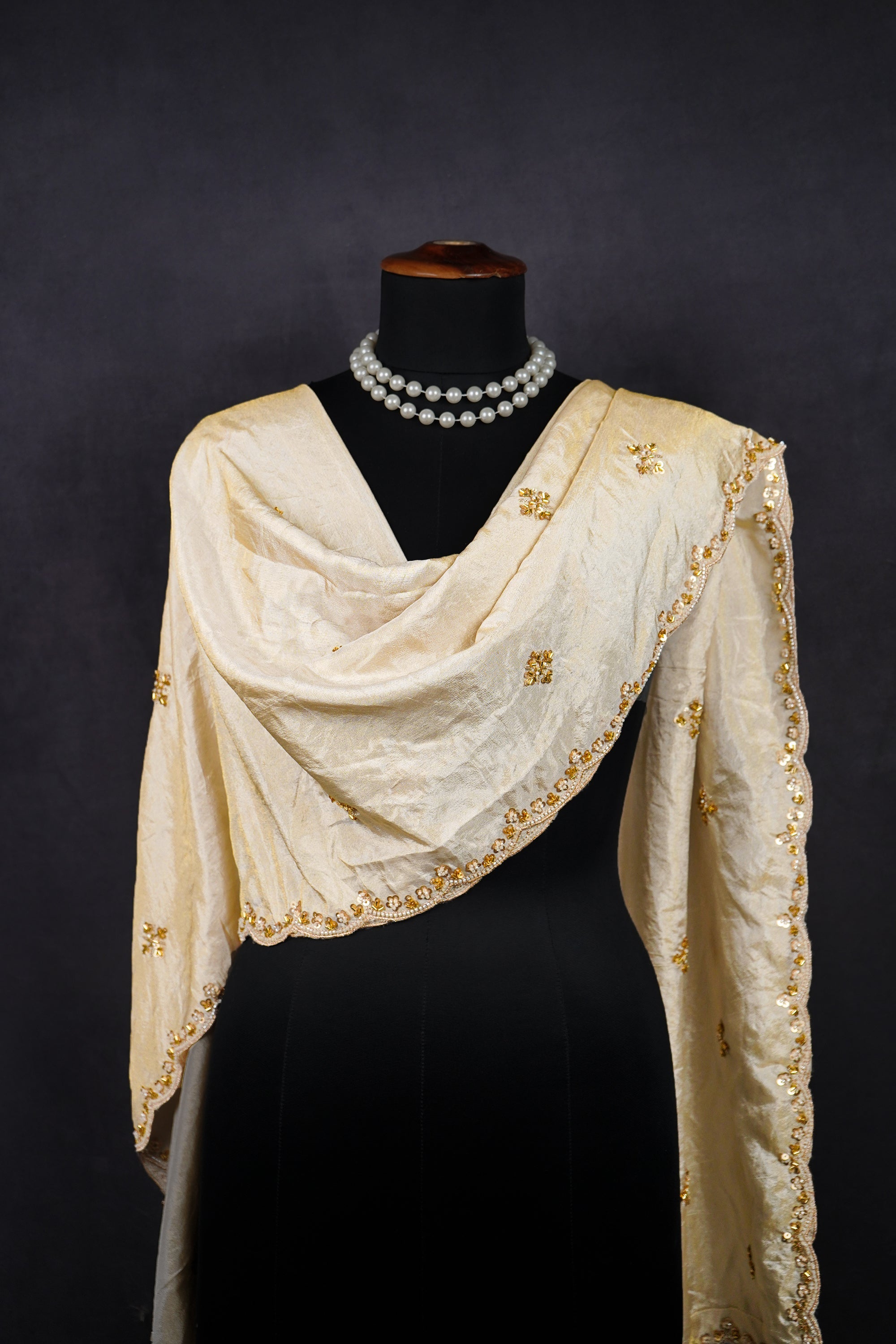 Light Gold Dyeable Tissue Dupatta With All Over Zari, Katdana And Sequins Work 23124