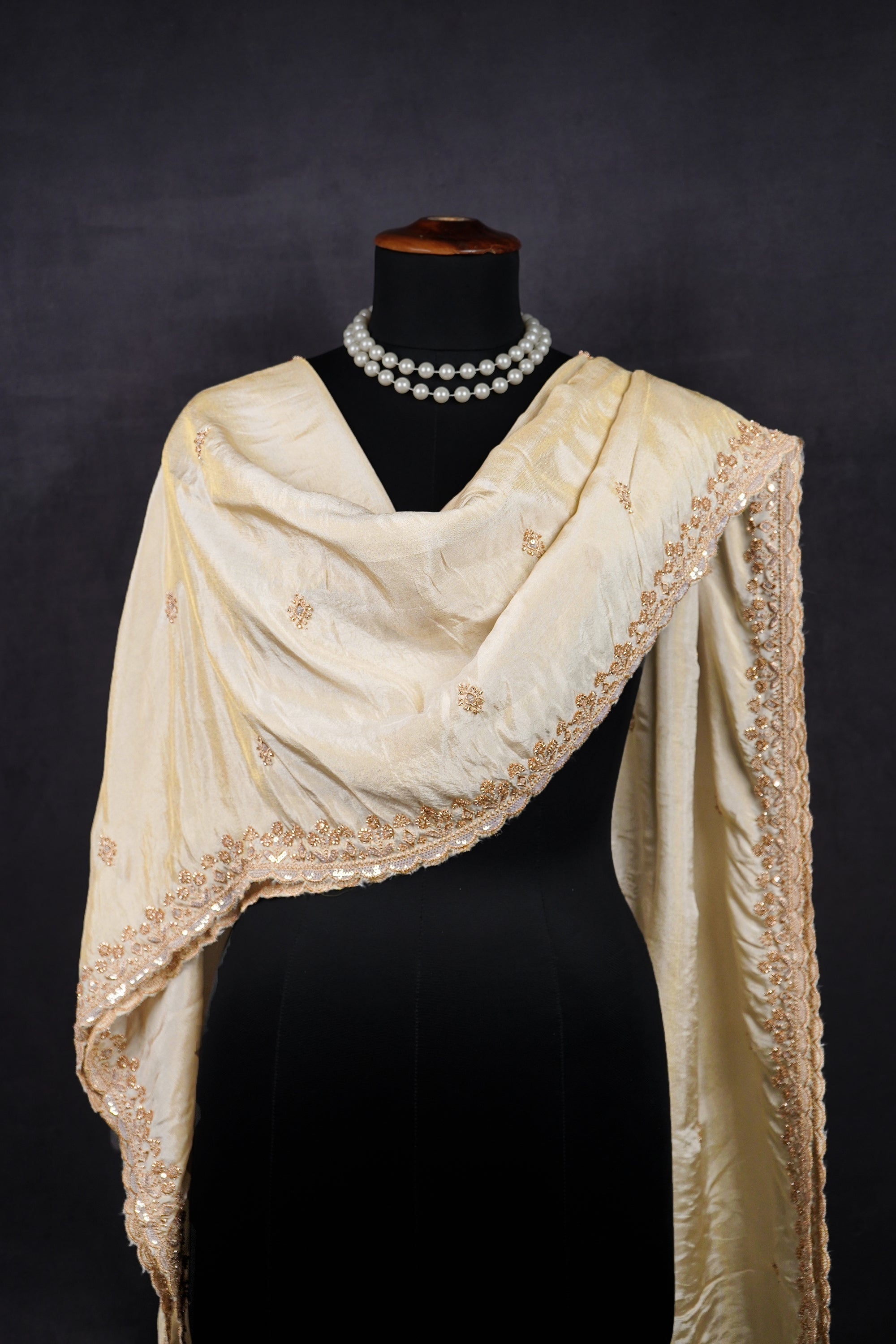 Light Gold Dyeable Tissue Dupatta With All Over Zari, Katdana And Sequins Work 23125