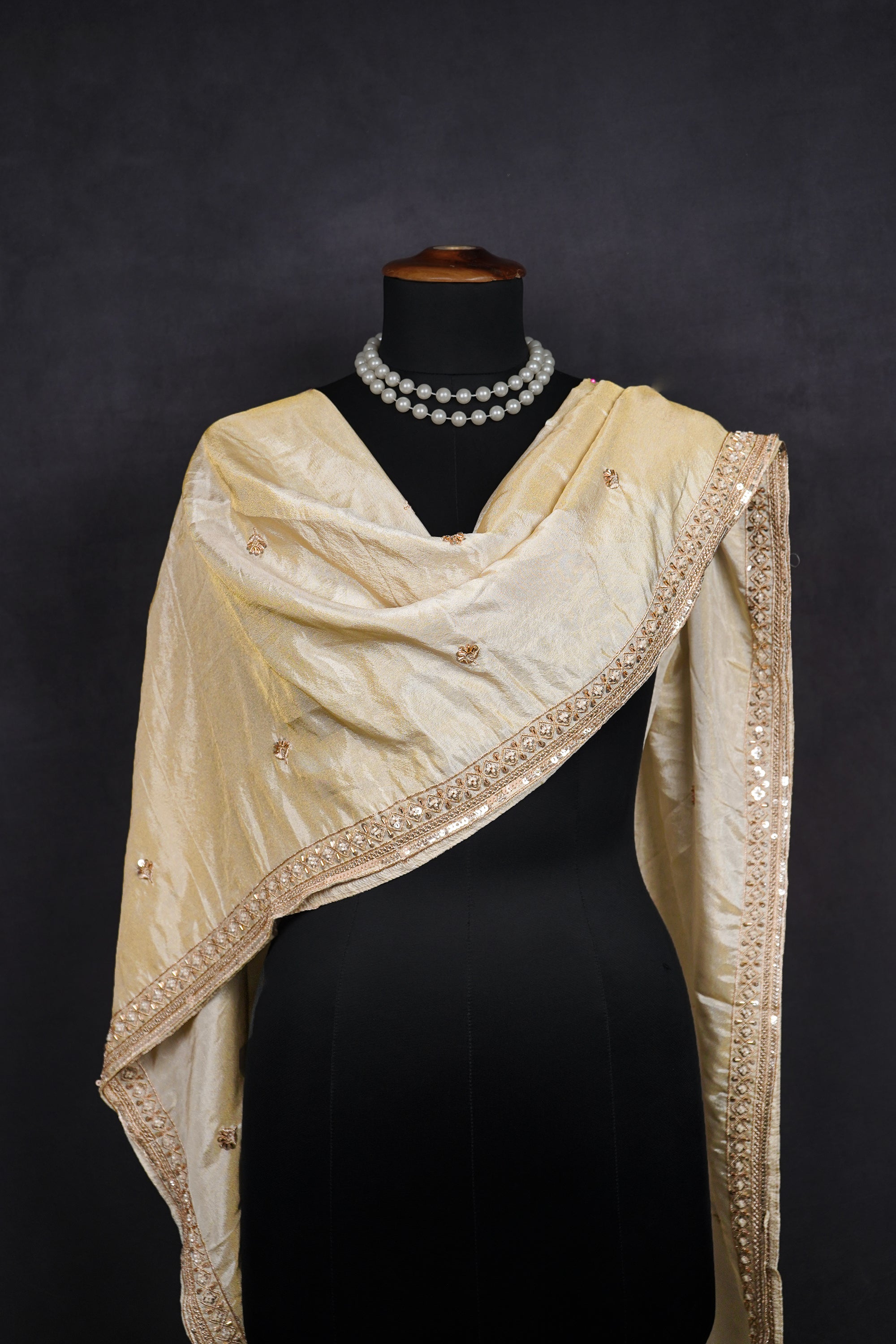 Light Gold Dyeable Tissue Dupatta With All Over Zari, Katdana And Sequins Work 23126