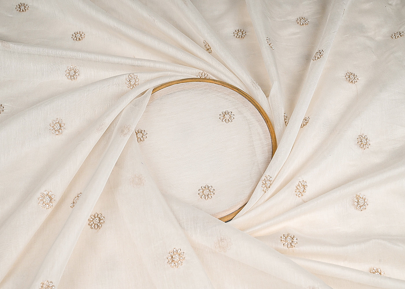 White Dyeable Chanderi Fabric With All Over Zari And Bead Work 23127