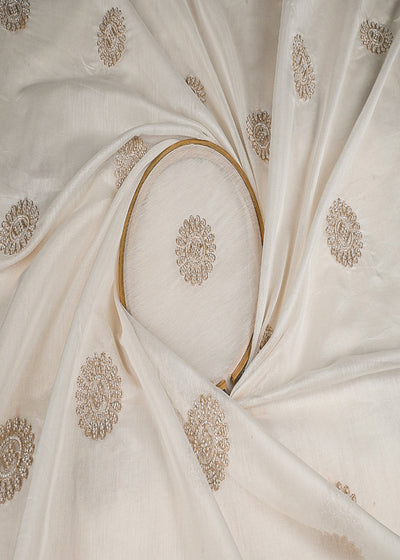 White Dyeable Chanderi Fabric With All Over Zari And Bead Work 23128