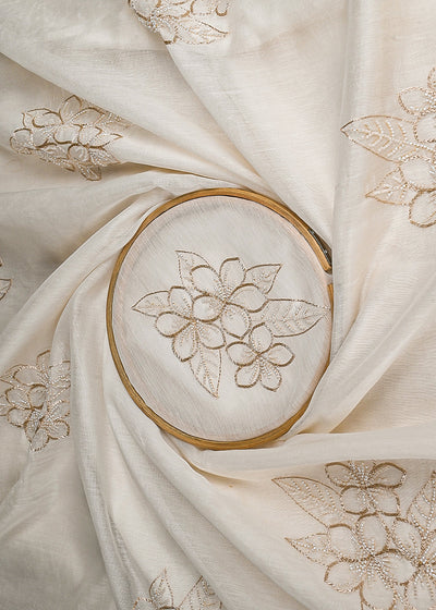 White Dyeable Organza Fabric With All Over Zari And Bead Work 23131