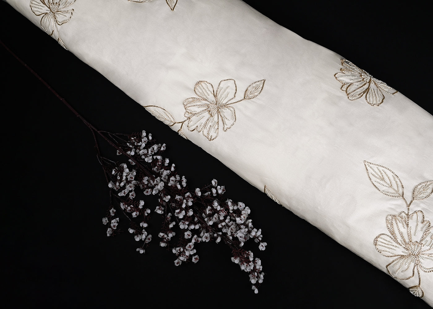 White Dyeable Pure Organza Fabric With All Over Zari And Katdana Flowers 23133