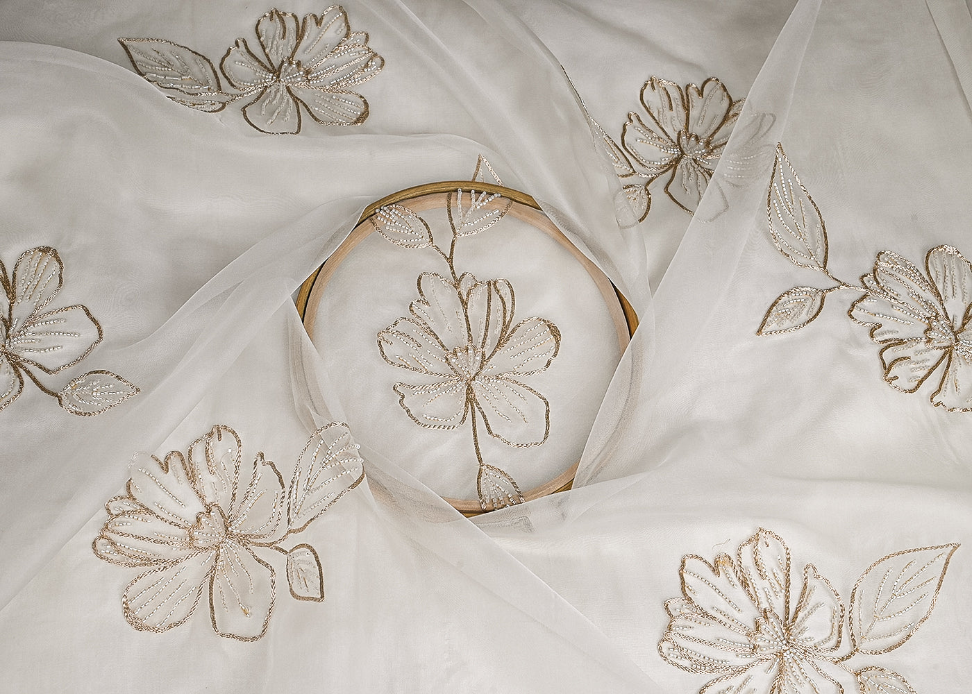 White Dyeable Pure Organza Fabric With All Over Zari And Katdana Flowers 23133