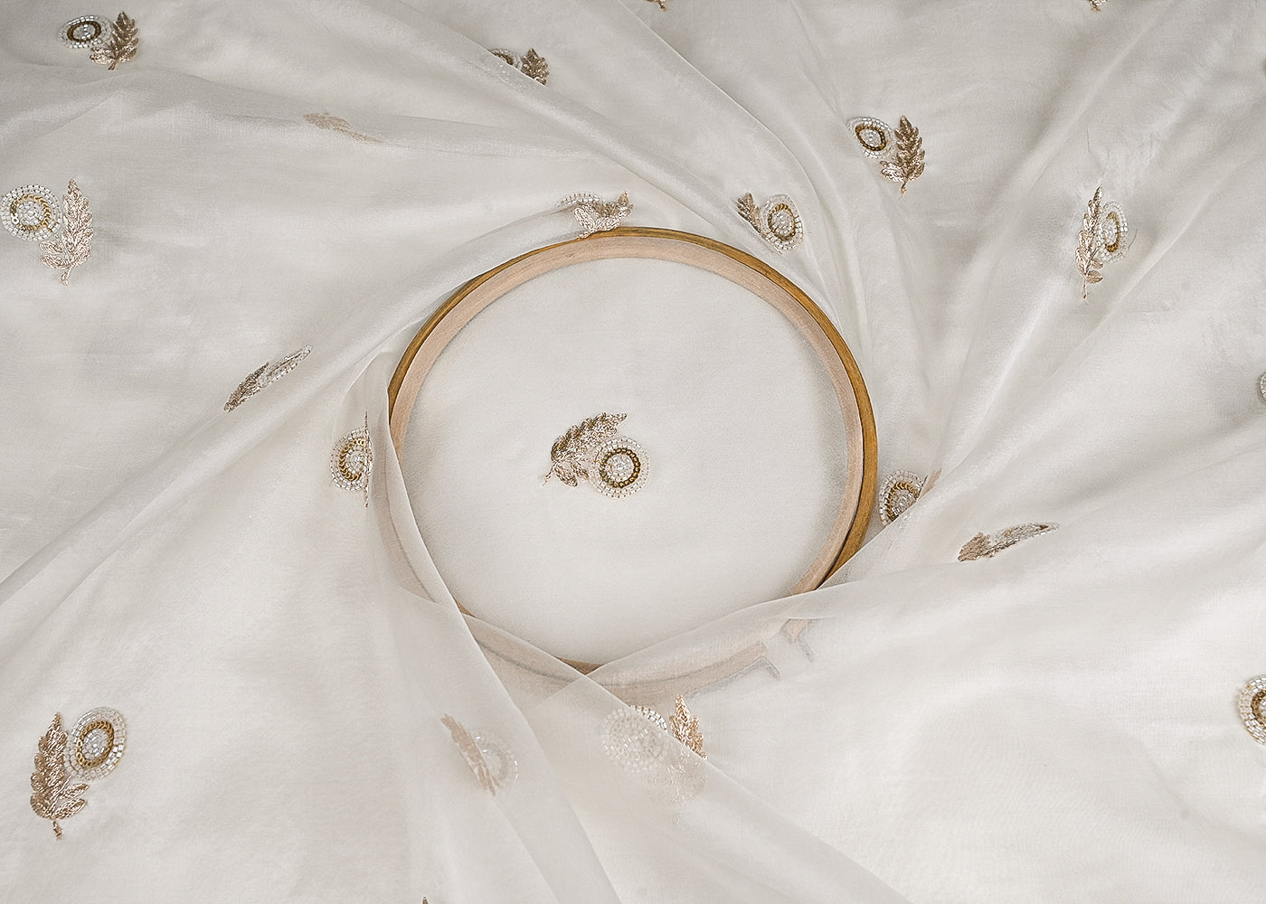 White Dyeable Pure Organza Fabric With All Over Zari And Beads Work 23136