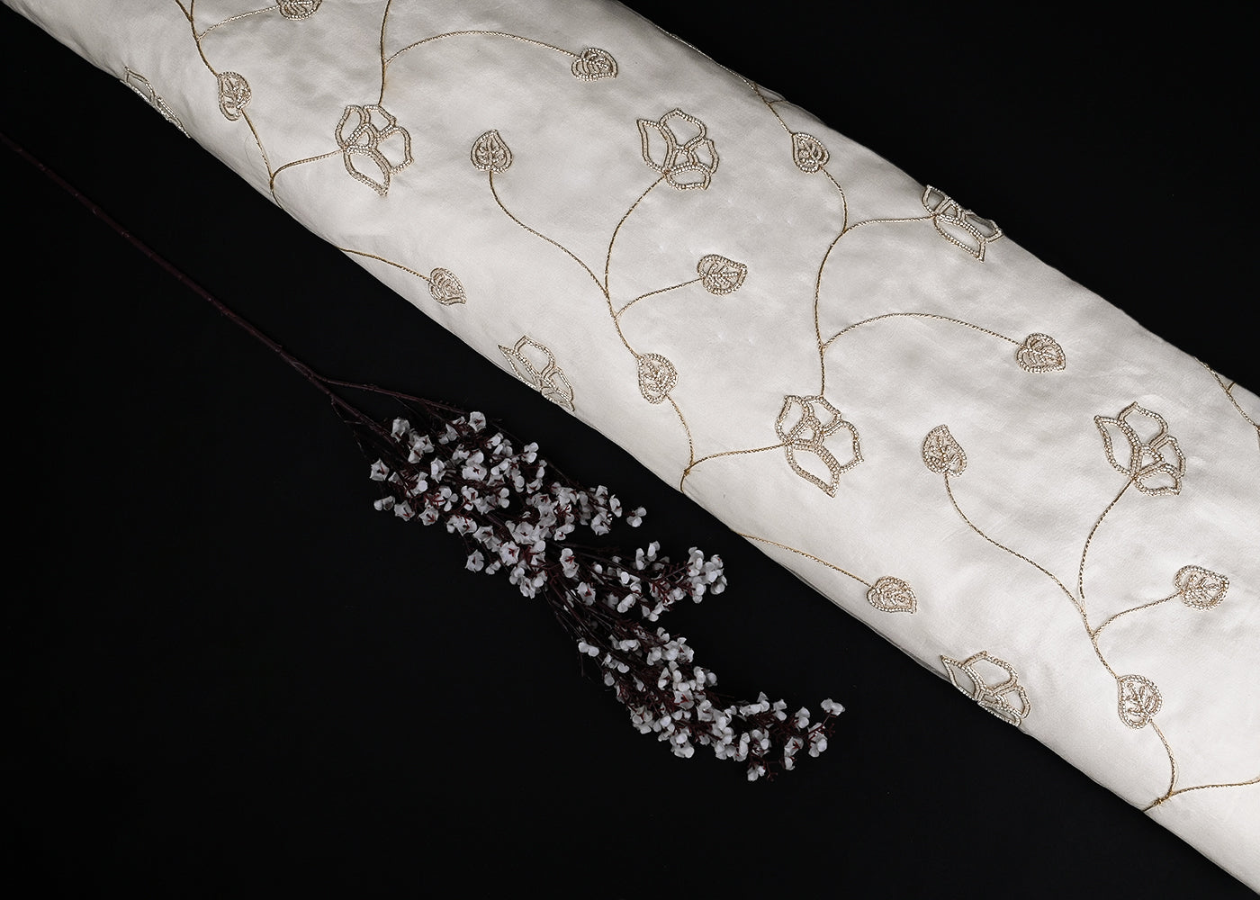 White Dyeable Pure Organza Fabric With All Over Zari And Beads Work 23138
