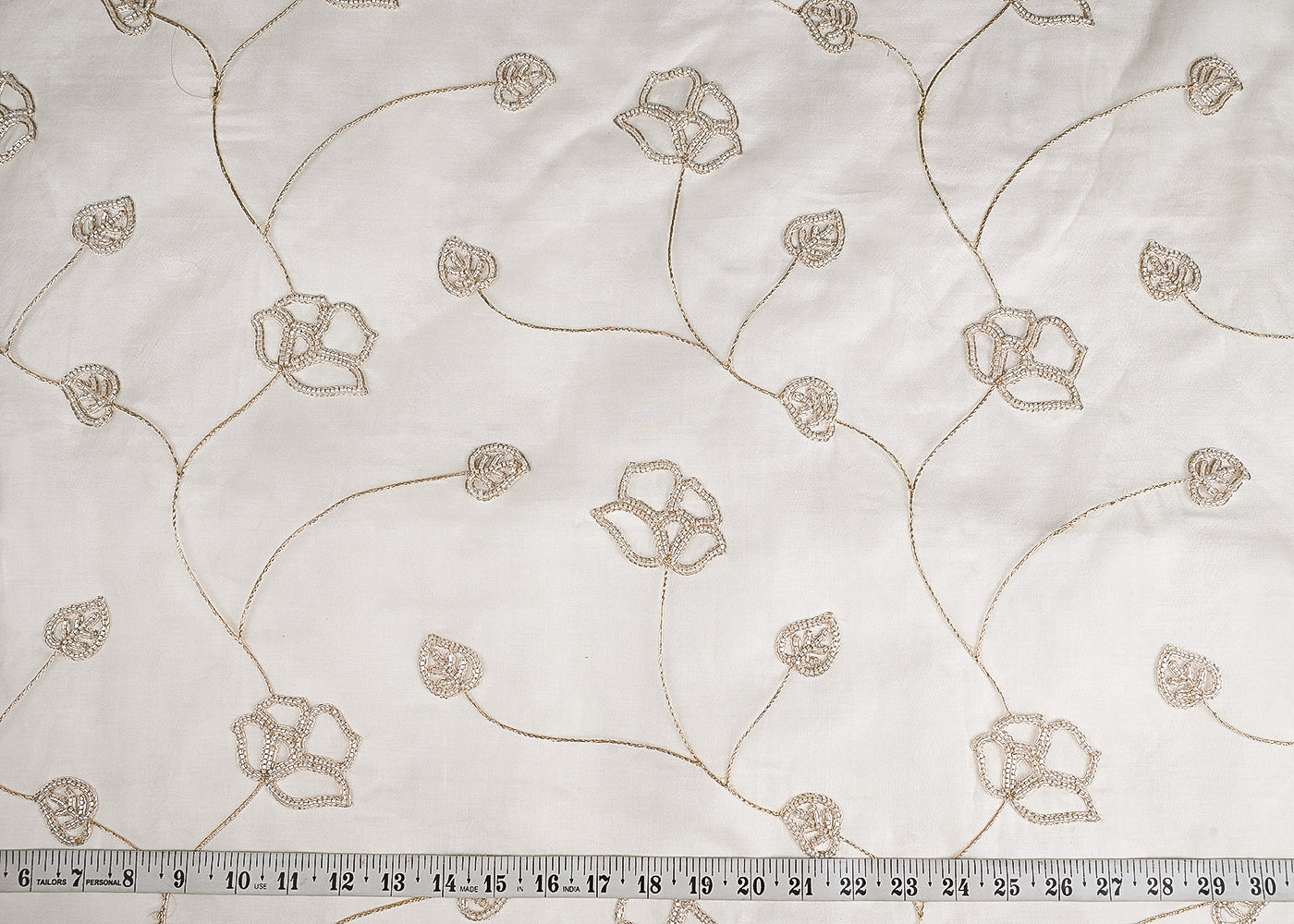 White Dyeable Pure Organza Fabric With All Over Zari And Beads Work 23138