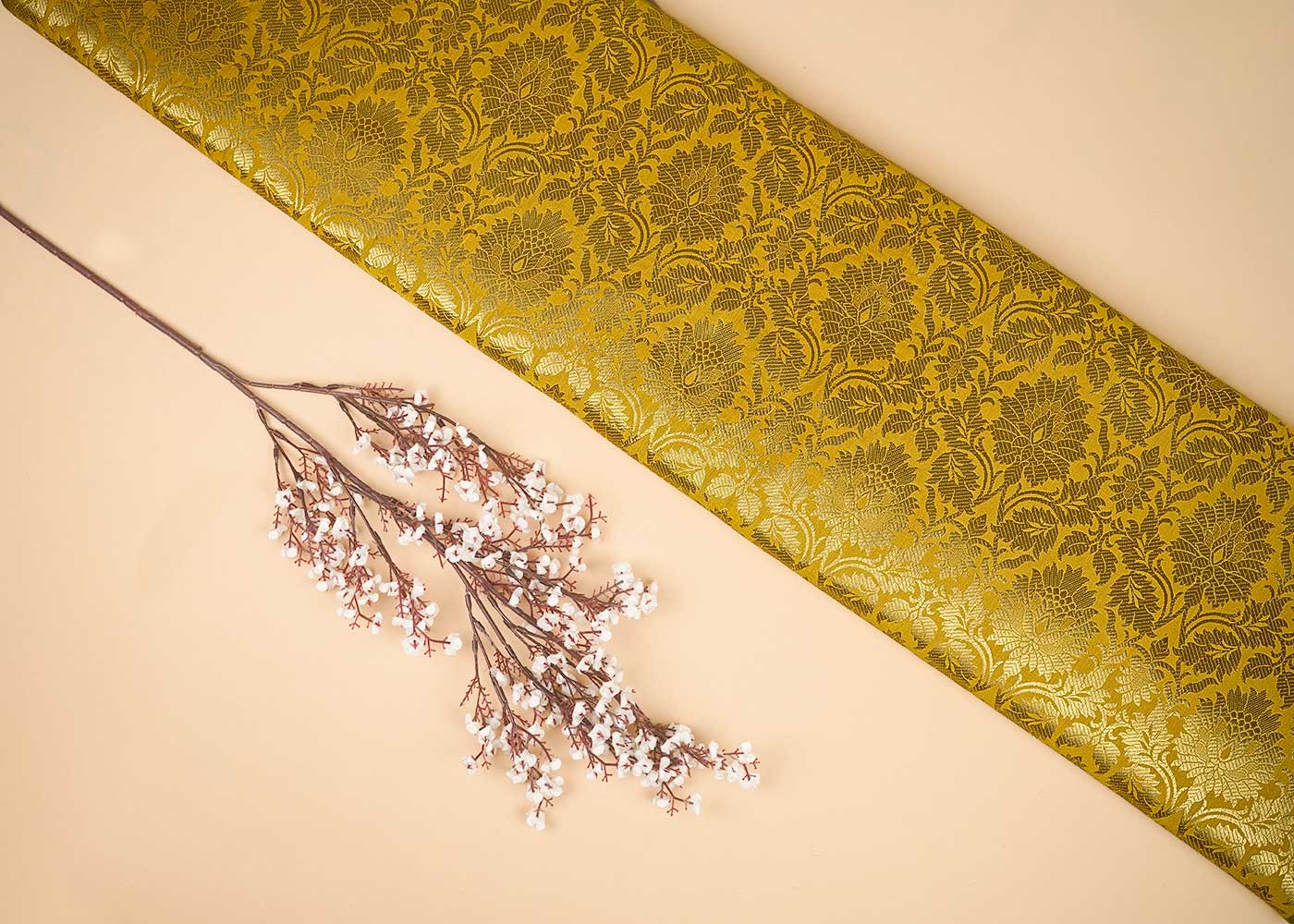 Mustard Banarasi Brocade Fabric With All Over Zari Handloom 23143