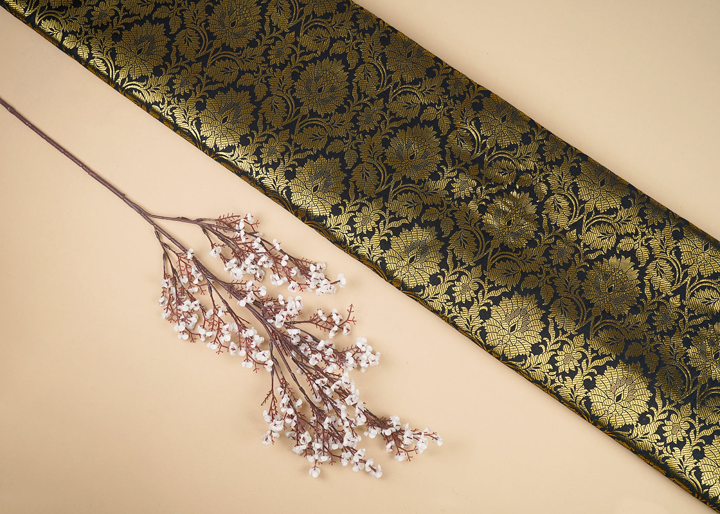 Black Banarasi Brocade Fabric With All Over Zari Handloom 23147