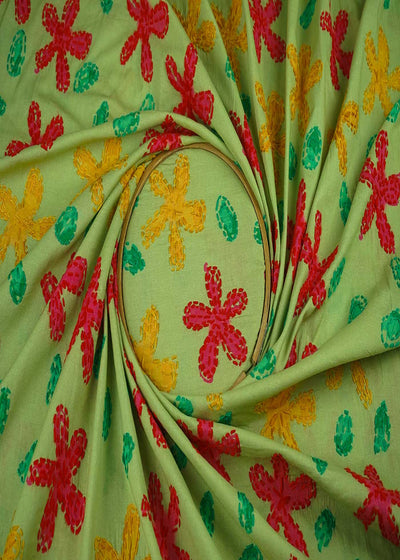 Pista Green Cotton Fabric With All Over Print And Threadwork 23149
