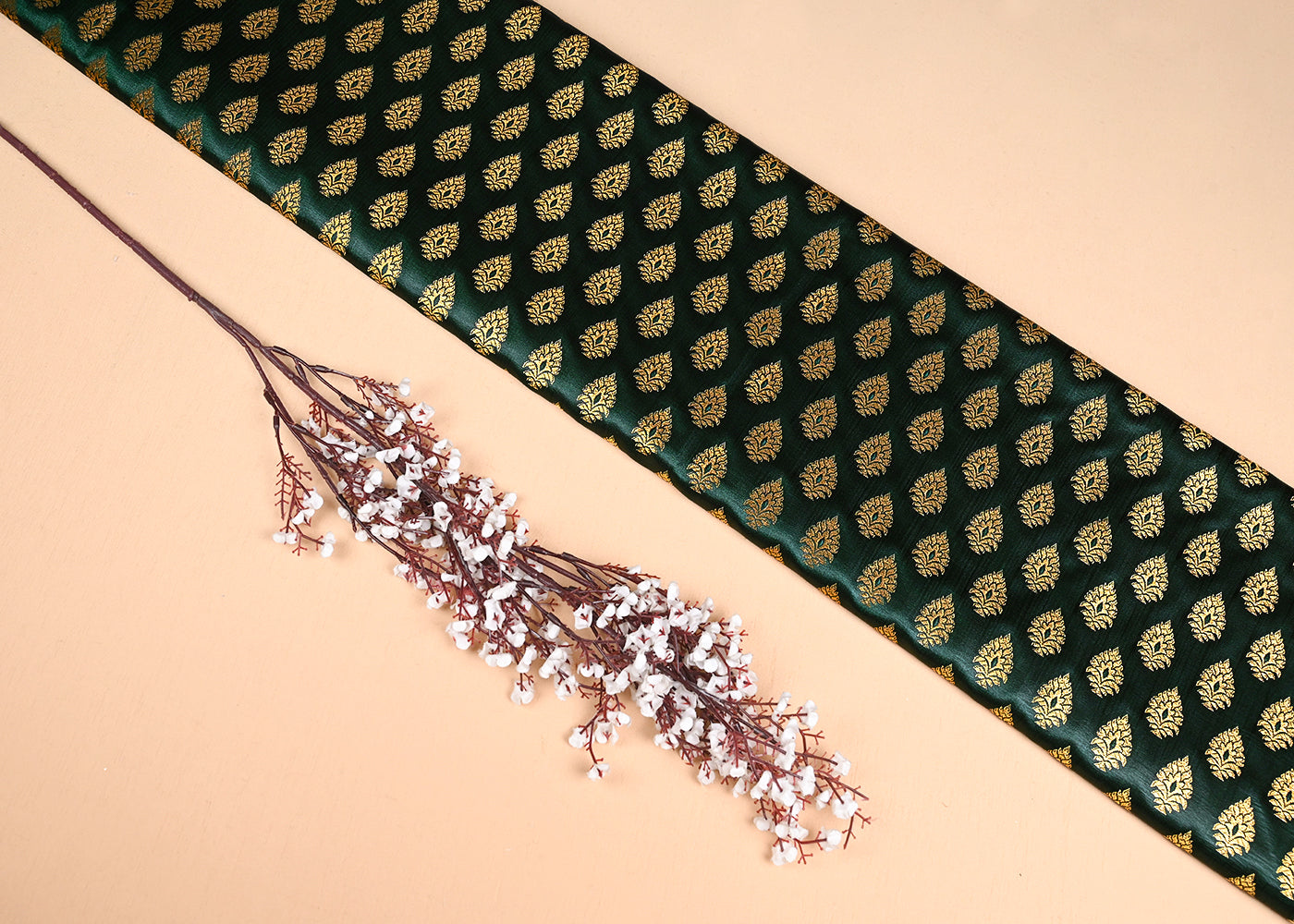 Bottle Green Banarasi Brocade Fabric With All Over Golden Zari Handloom 23158