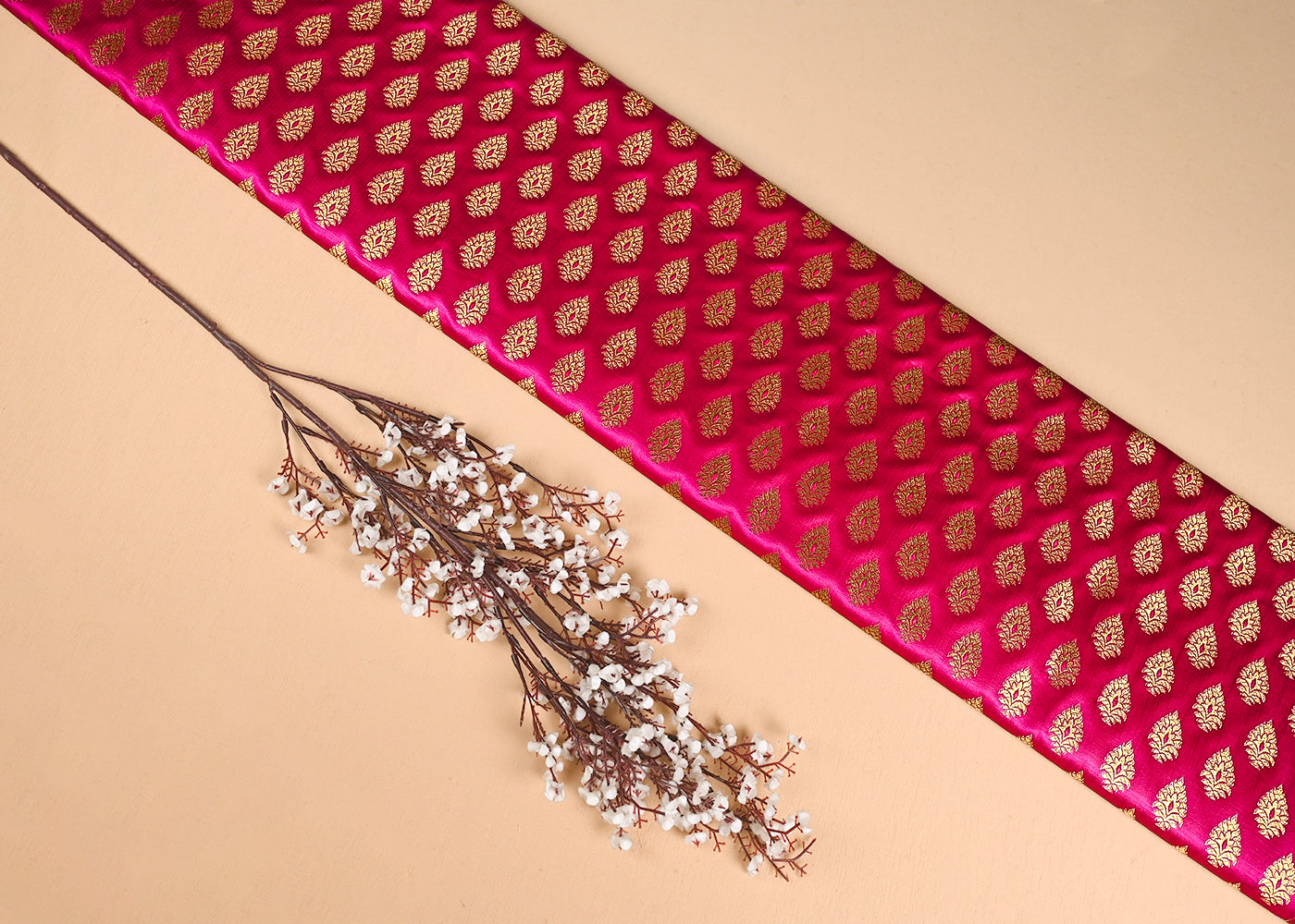 Rani Pink Banarasi Brocade Fabric With All Over Golden Zari Handloom 23160