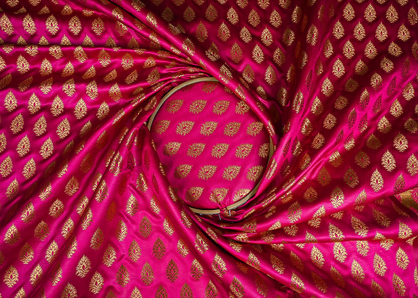 Rani Pink Banarasi Brocade Fabric With All Over Golden Zari Handloom 23160