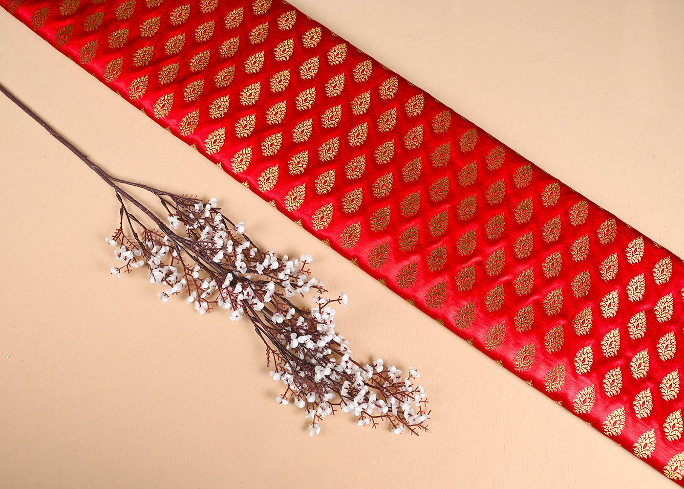 Red Banarasi Brocade Fabric With All Over Golden Zari Handloom 23161