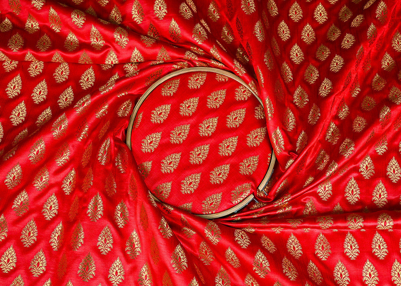 Red Banarasi Brocade Fabric With All Over Golden Zari Handloom 23161