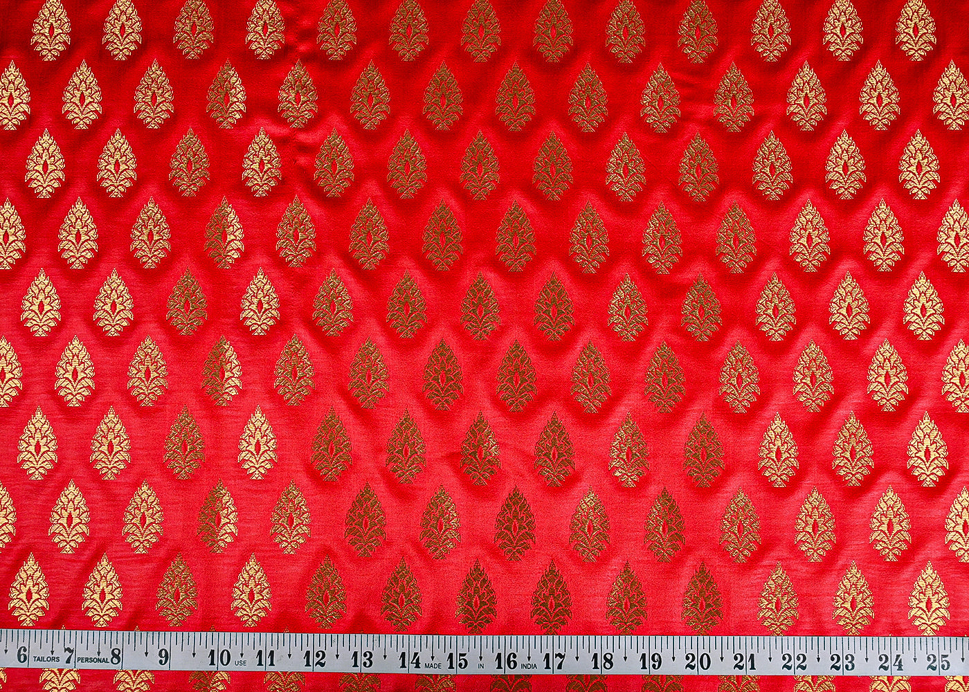 Red Banarasi Brocade Fabric With All Over Golden Zari Handloom 23161