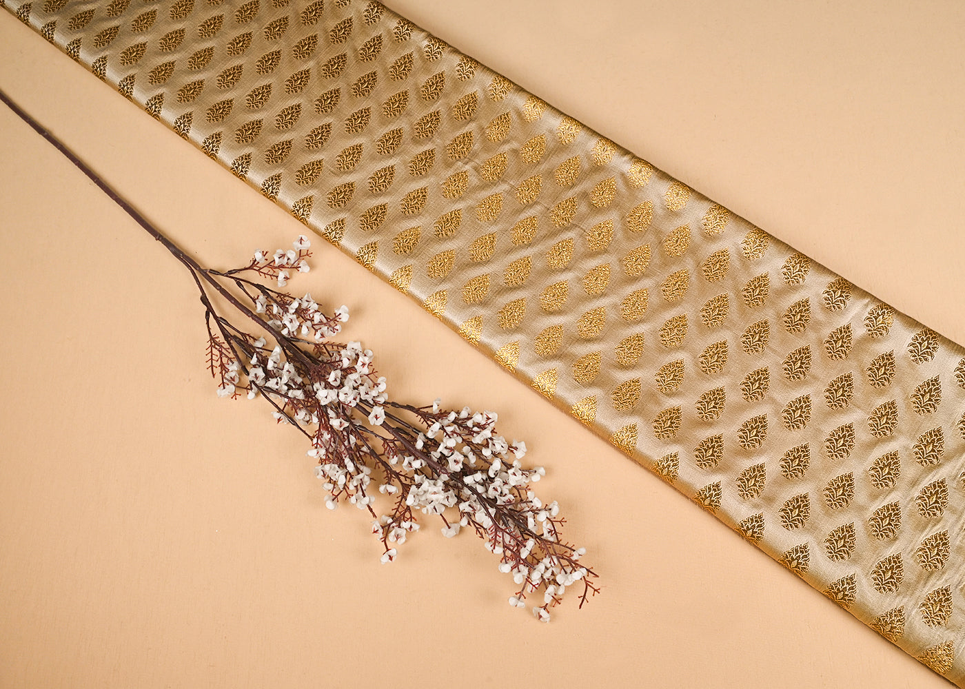 Beige Banarasi Brocade Fabric With All Over Golden Zari Handloom 23162