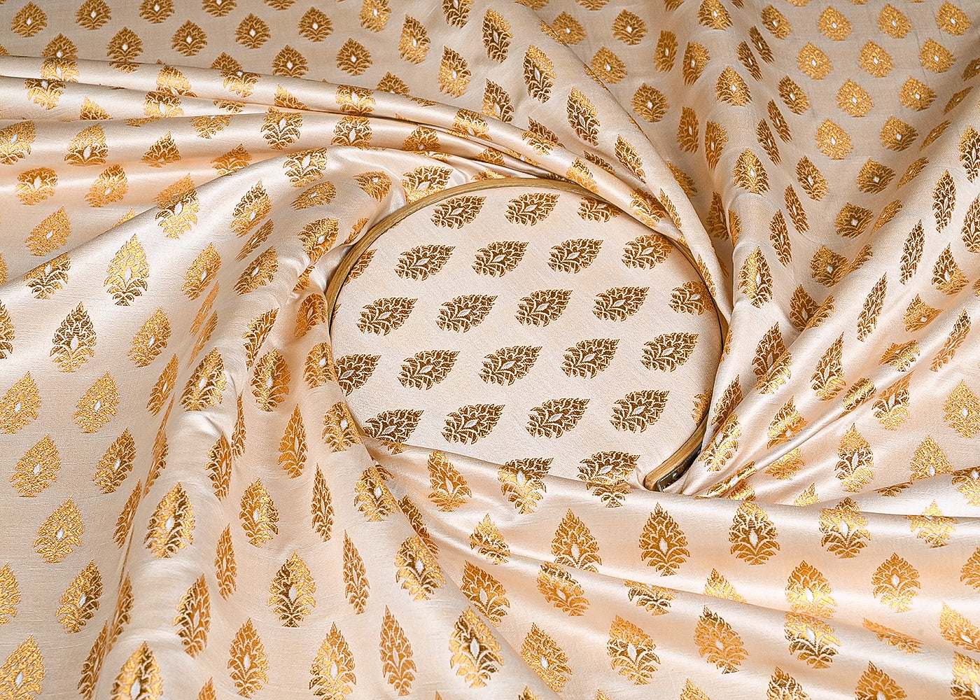Off White Banarasi Brocade Fabric With All Over Golden Zari Handloom 23164