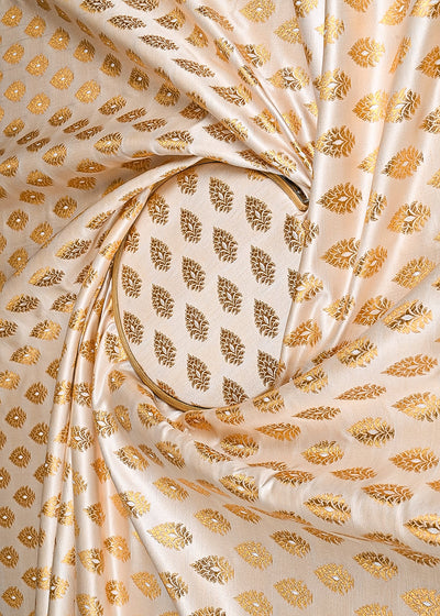 Off White Banarasi Brocade Fabric With All Over Golden Zari Handloom 23164
