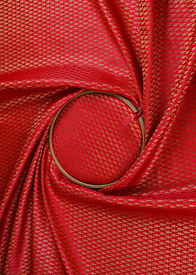 Red Banarasi Brocade Fabric With All Over Golden Zari Handloom 23168