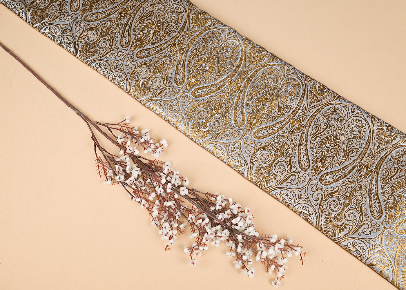 Off White Banarasi Brocade Fabric With All Over Golden Zari Handloom 23170