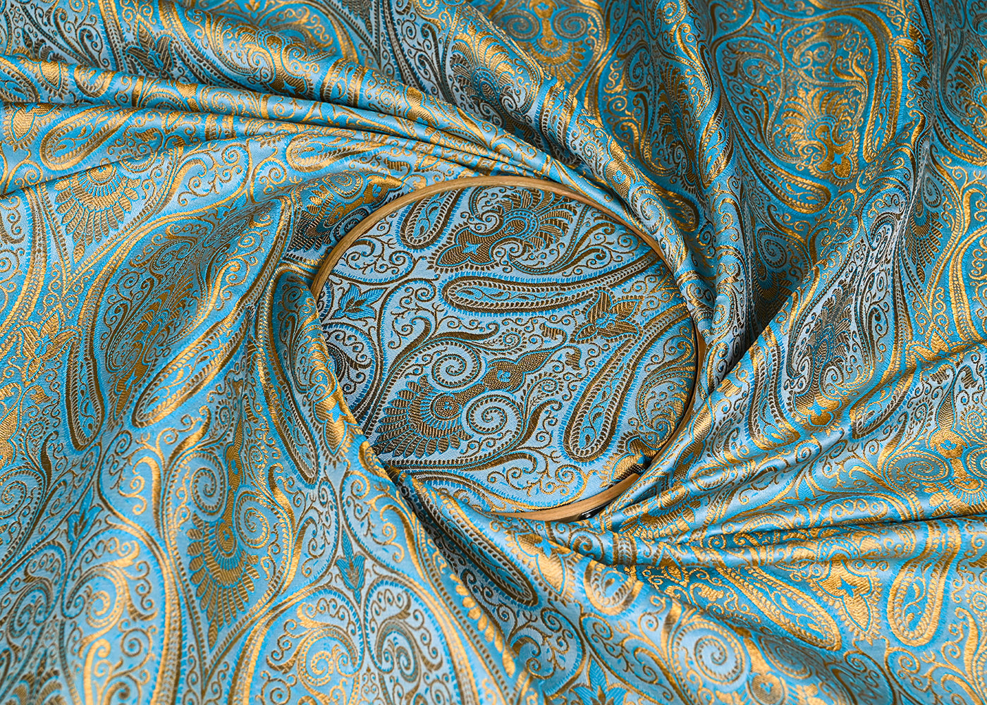 Blue Banarasi Brocade Fabric With All Over Golden Zari Handloom 23171