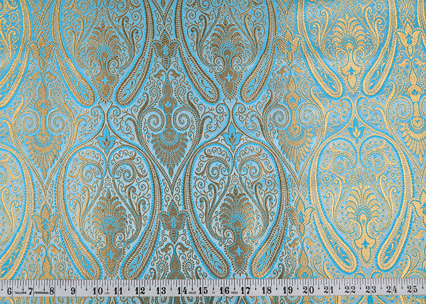Blue Banarasi Brocade Fabric With All Over Golden Zari Handloom 23171