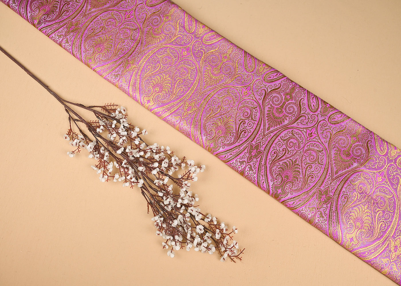 Blush Pink Banarasi Brocade Fabric With All Over Golden Zari Handloom 23173