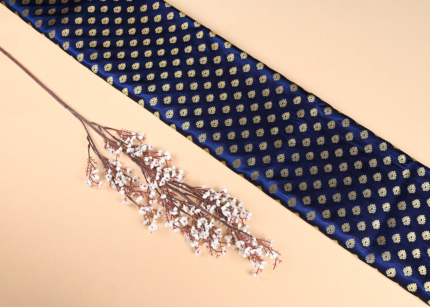 Navy Blue Banarasi Brocade Fabric With All Over Golden Zari Handloom 23175