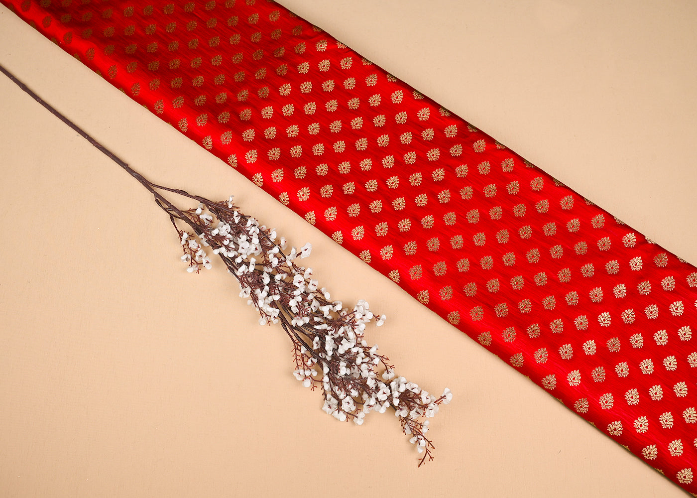 Red Banarasi Brocade Fabric With All Over Golden Zari Handloom 23177