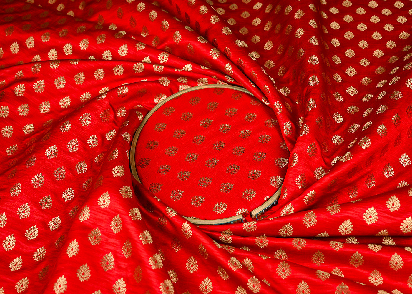 Red Banarasi Brocade Fabric With All Over Golden Zari Handloom 23177