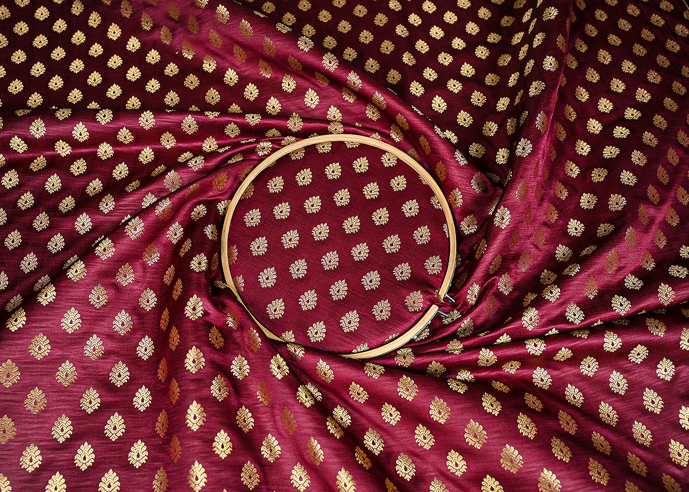 Maroon Banarasi Brocade Fabric With All Over Golden Zari Handloom 23178
