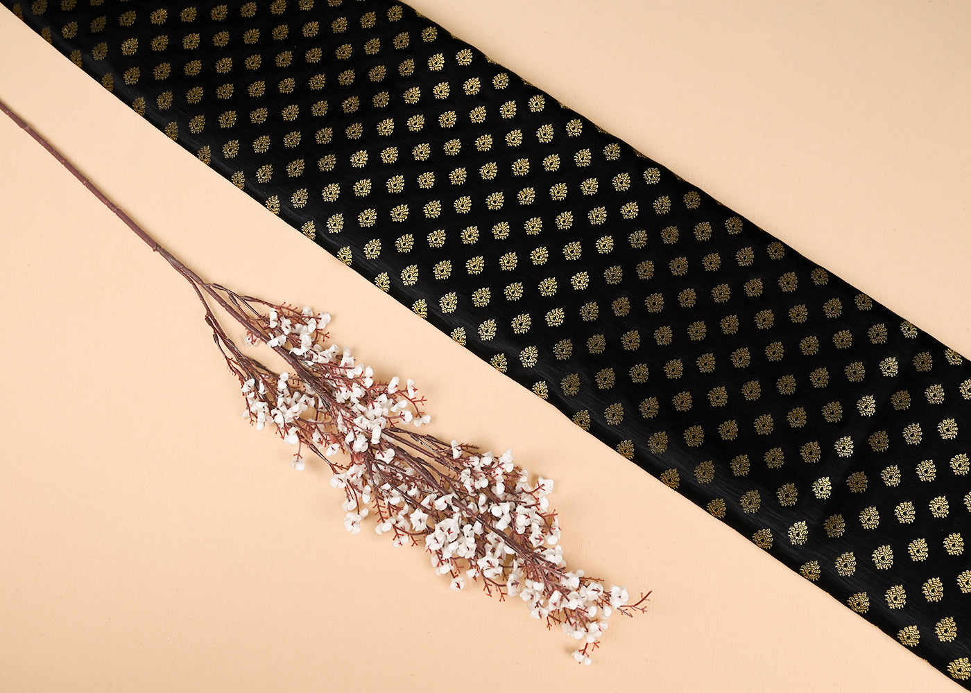 Black Banarasi Brocade Fabric With All Over Golden Zari Handloom 23179