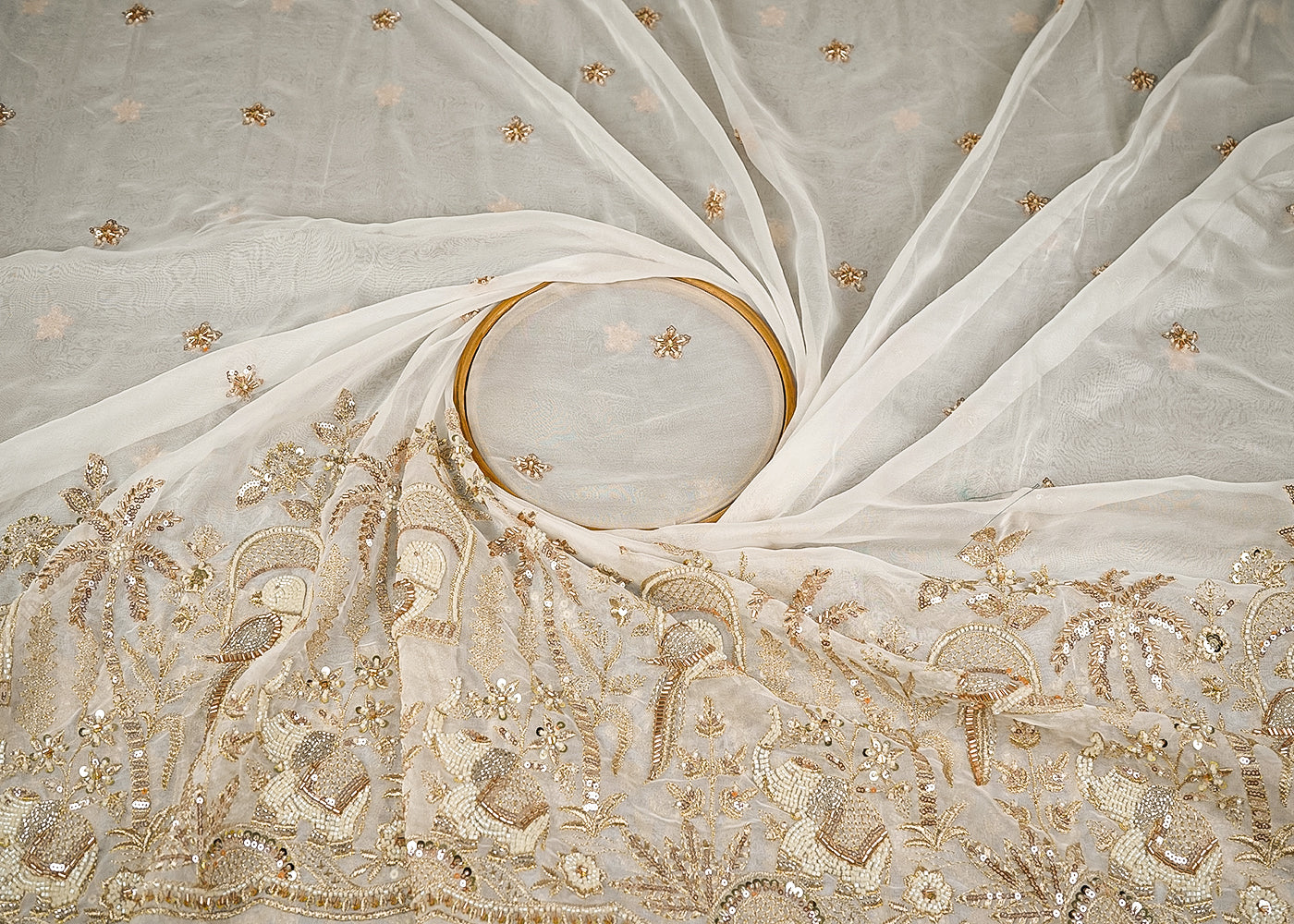 White Dyeable Georgette Fabric With All Over Bead, Sequins And Katdana Work With One Side Border 23194