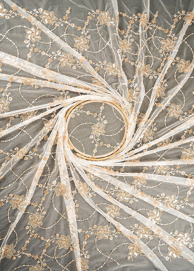 White Dyeable Net Fabric With All Over Bead, Sequins And Katdana Work 23196